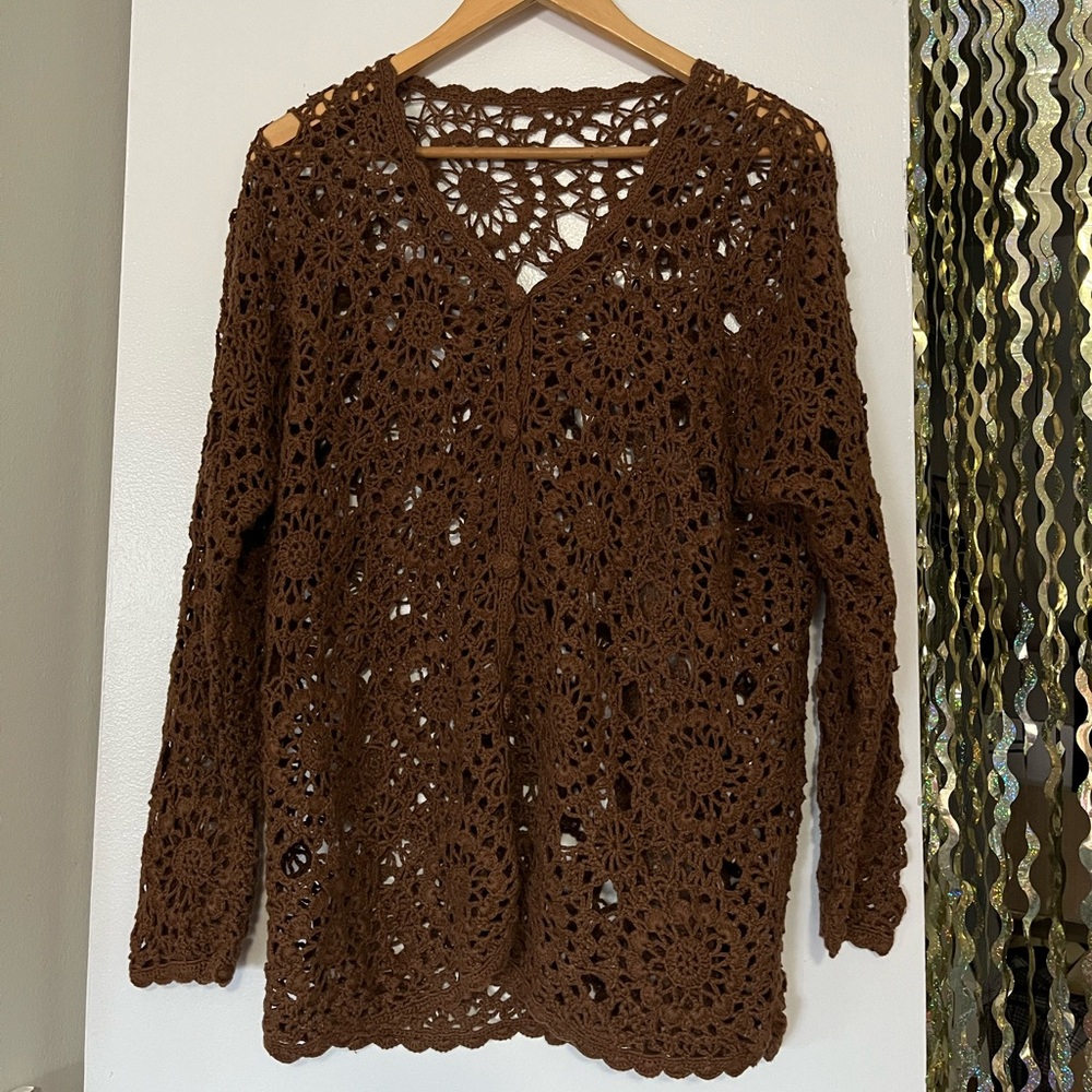 Brown floral Crochet cardigan with buttons